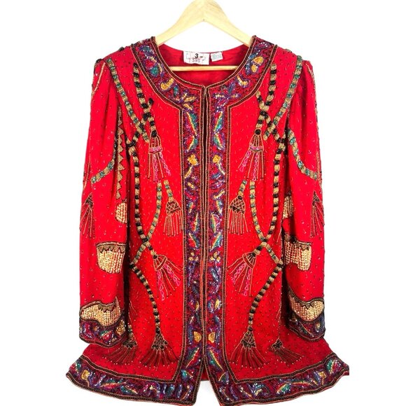 Vtg LAURENCE KAZAR 100% silk beaded sequin tassel motif festive long jacket 1X - Picture 1 of 7